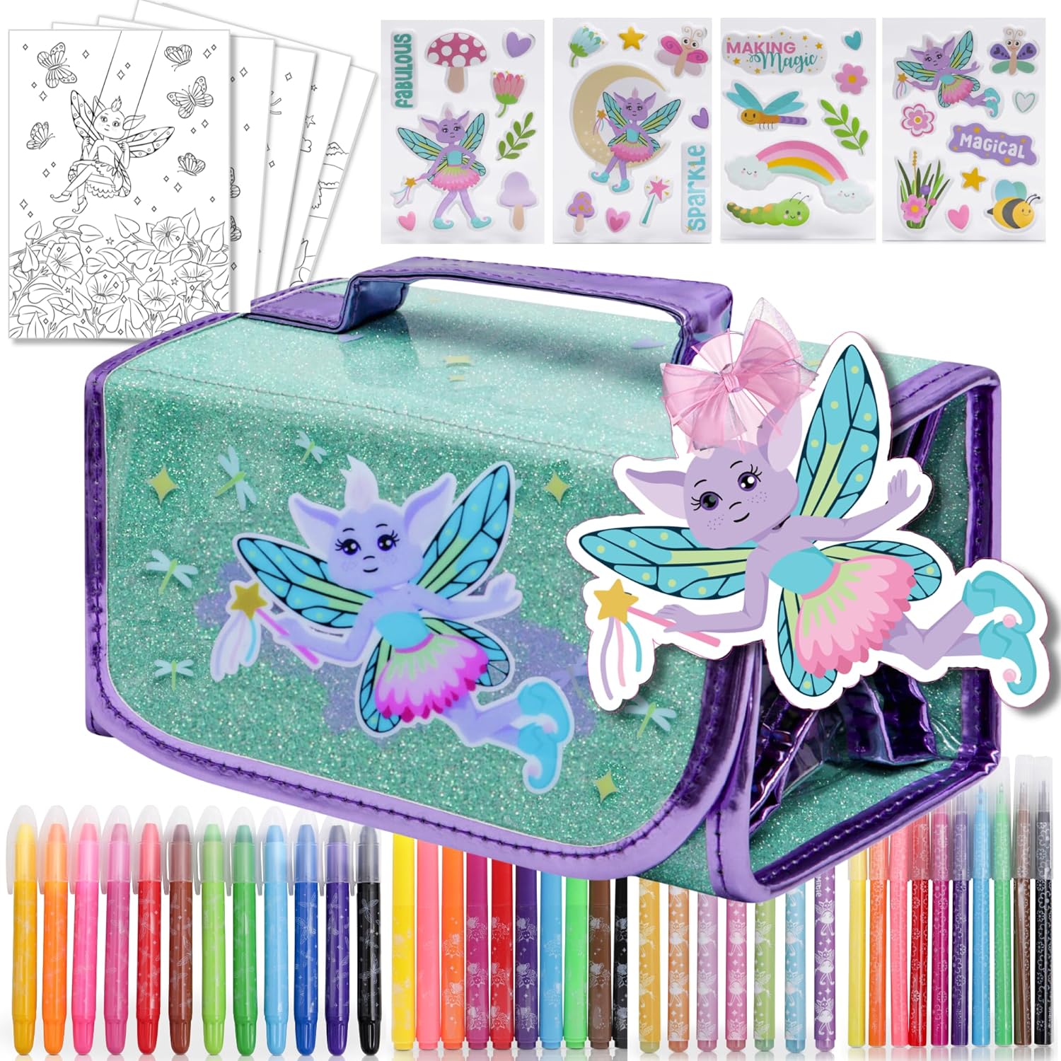 Scented Markers For Kids – Fairy Gifts For Girls – Coloring Kit Includes Smelly Markers, Stamp Markers, Sparkly Fairy Pencil Case