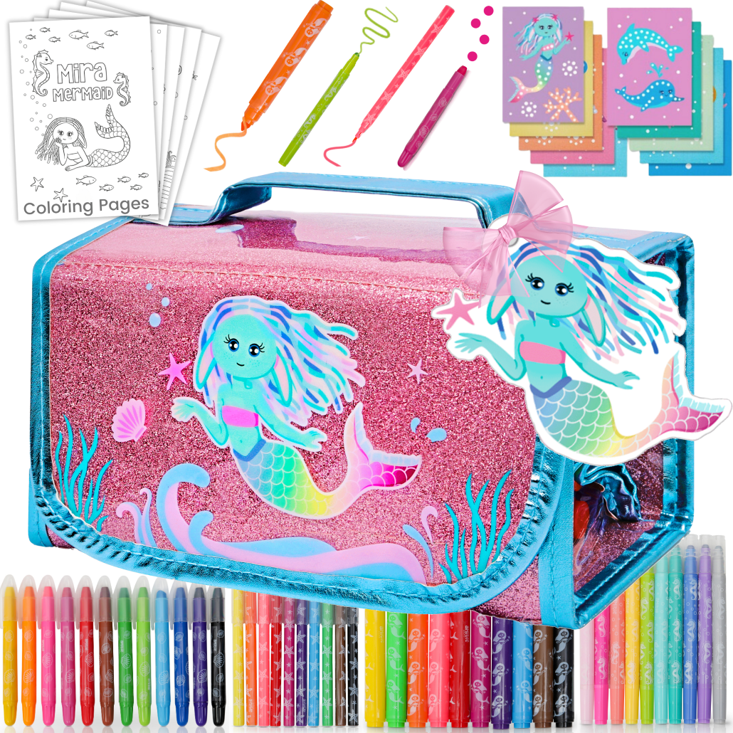 Scented Markers For Kids – Art Kits for Kids 6-9 – Mermaid Gifts For Girls – Coloring Kit Includes Smelly Markers, Dot Markers, Sparkly Mermaid Pencil Case